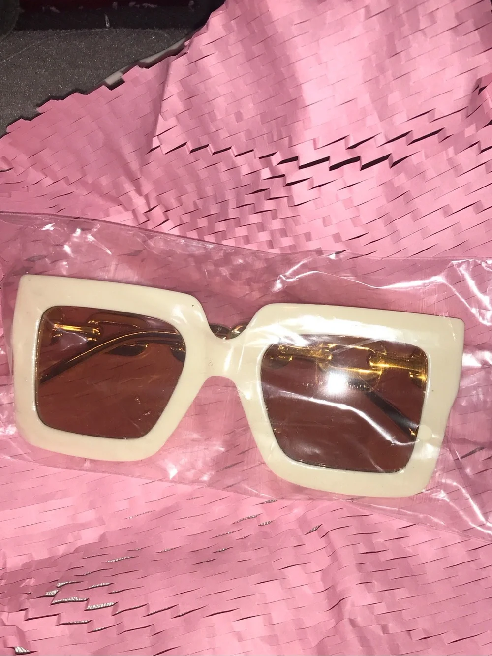 Ivory Square Frame Sunglasses with Brown Lenses & chain detailing